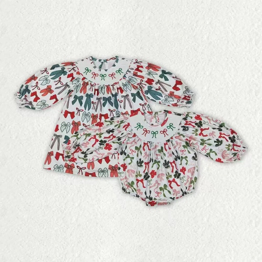 RTS Sibling baby girls clothes smocked embroidery Christmas long Sleeve dress and rompers