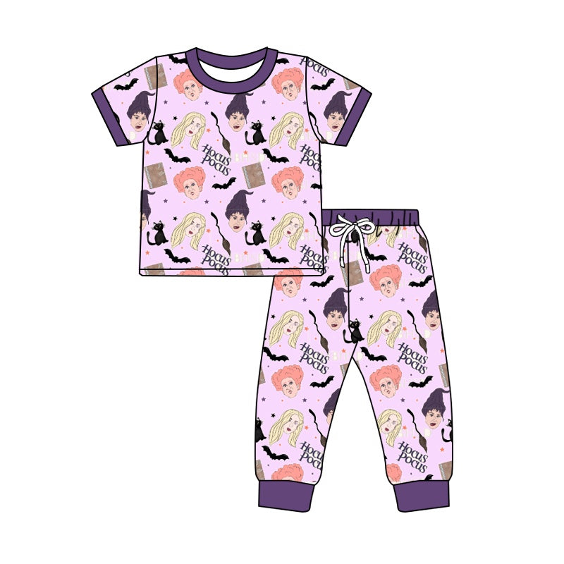 5.3custom each style moq 5eta 4-5week Sibling Sister HOCUS POCUS prints purple girls jumpsuits and boy set and baby romper match family design