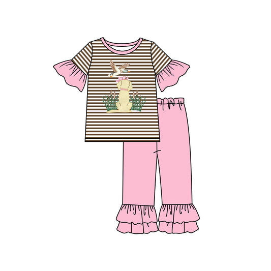 5.1(1)custom each style moq 5eta 4-5week dog and duck prints Brown-white stripes pink girls outfits set and baby romper