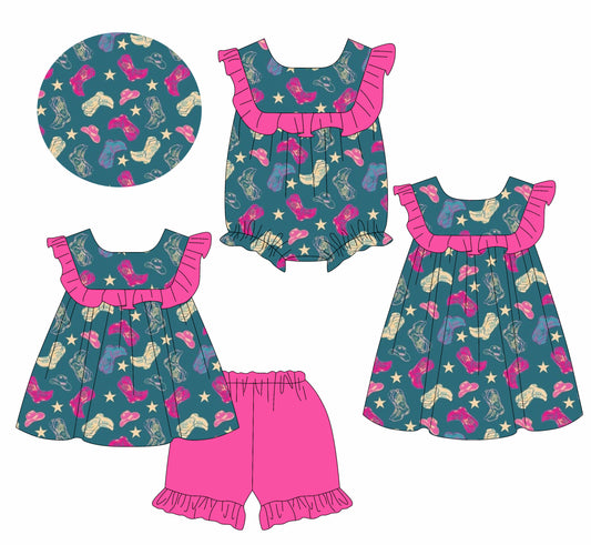 1.17 custom each style moq 5eta 4-6week Sibling Sisters boots baby girl short sleeve shorts sets and dress and rompers match family design