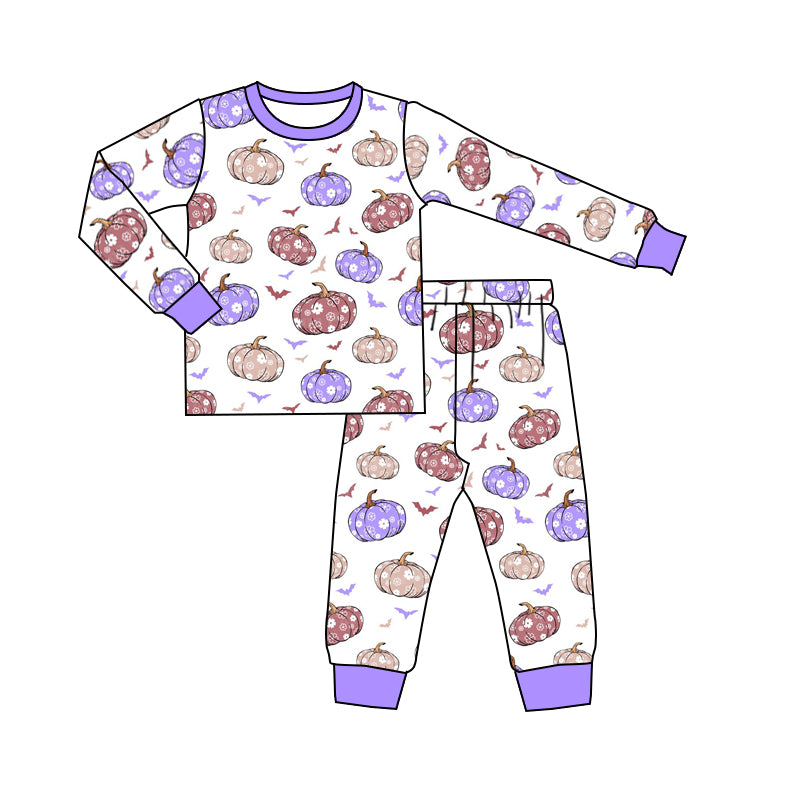 5.12custom each style moq 5eta 4-5week Sibling Sister pumpkin prints purple boys set and baby romper match family design