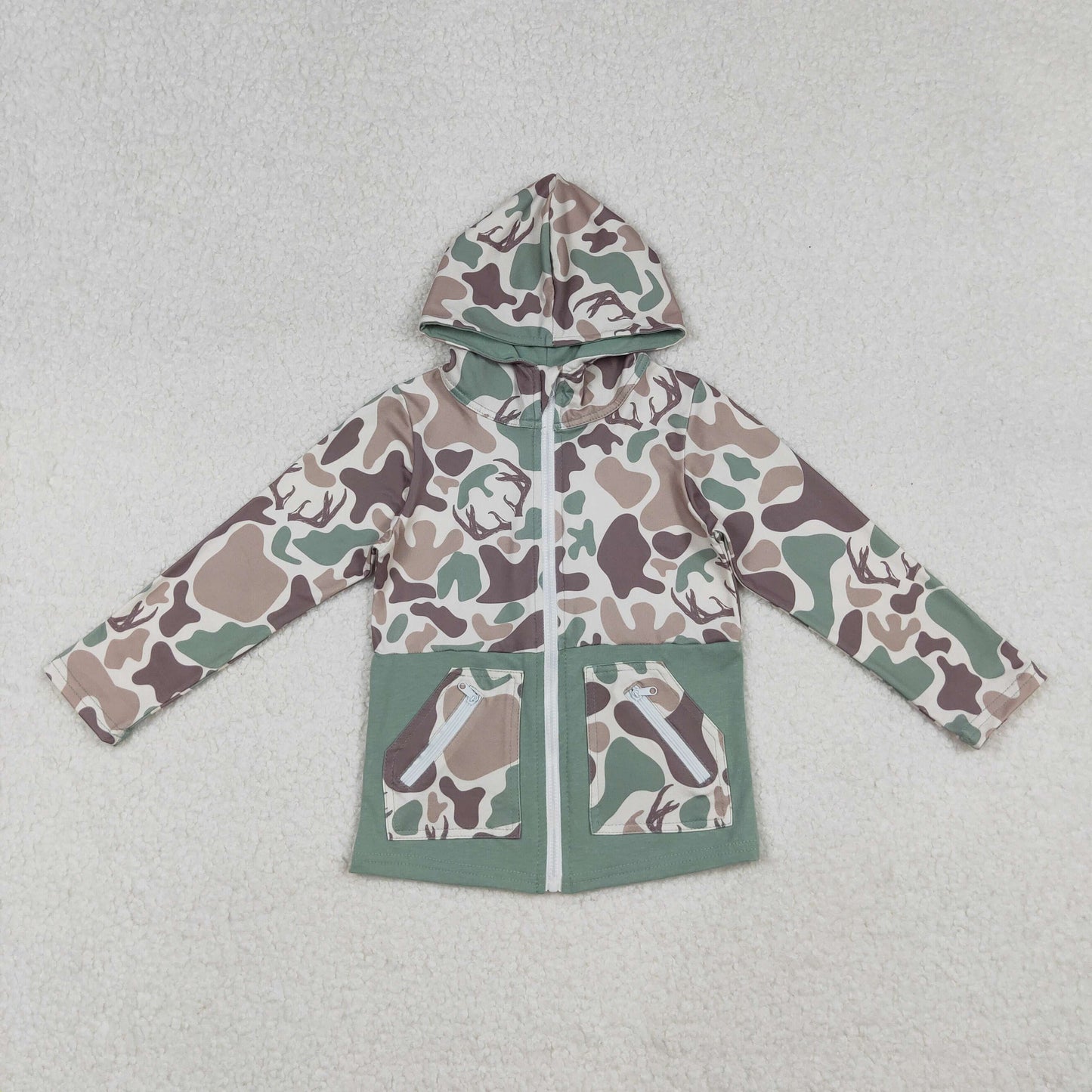 RTS NO MOQ（In Stock) BT1335 Hooded long-sleeved top with zippered pockets and antler brown and green camouflage pattern