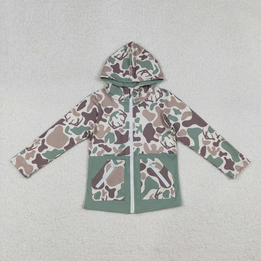 RTS NO MOQ（In Stock) BT1335 Hooded long-sleeved top with zippered pockets and antler brown and green camouflage pattern
