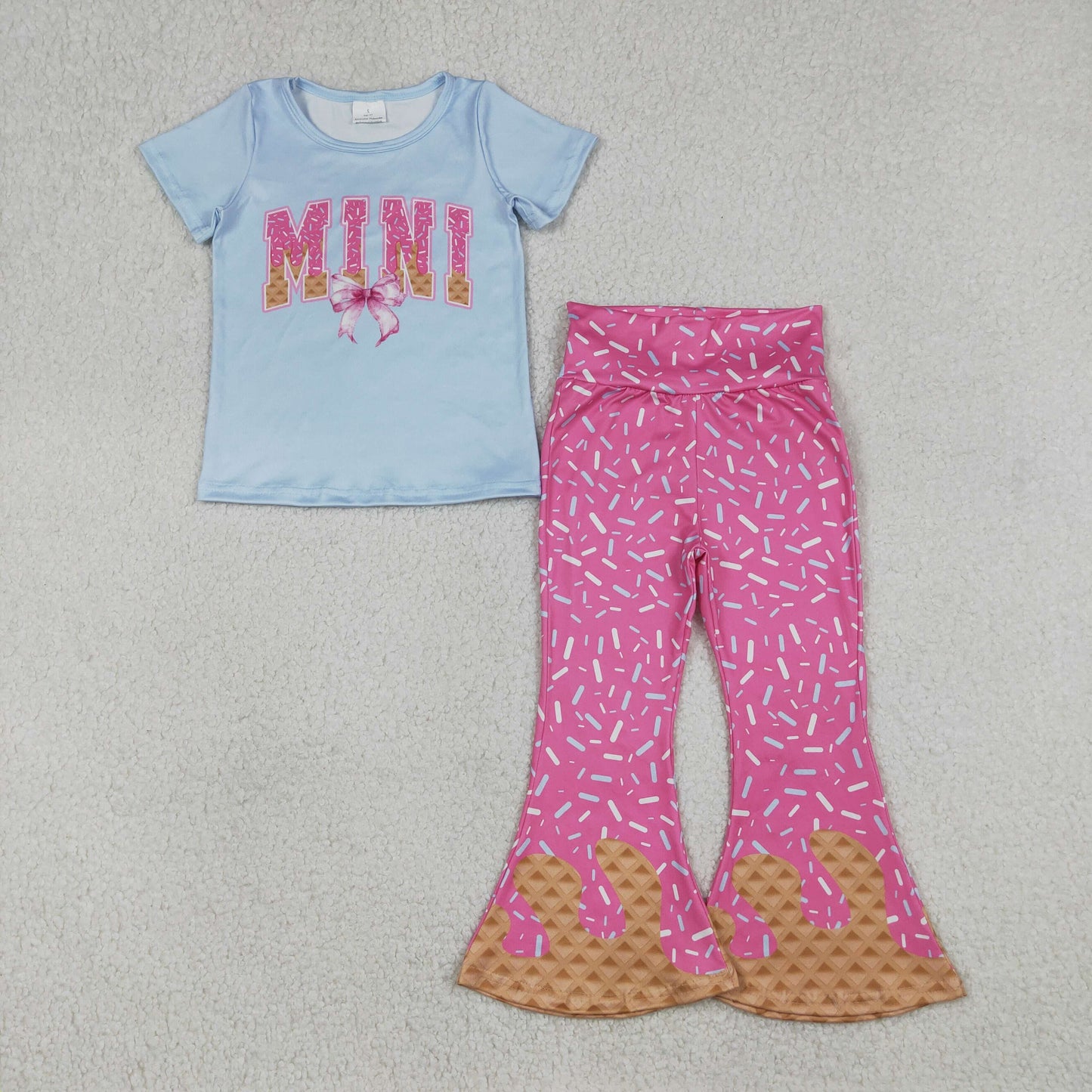 RTS NO MOQ（In Stock)  MINI Bow Blue Short-Sleeve Rose Red Waffle Ice Cream Pants Set