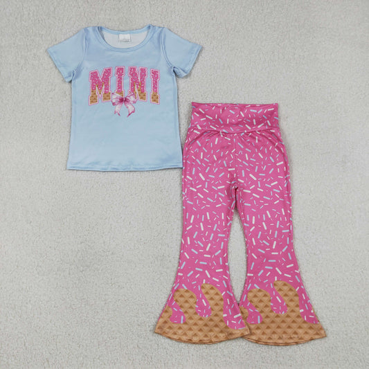 RTS NO MOQ（In Stock)  MINI Bow Blue Short-Sleeve Rose Red Waffle Ice Cream Pants Set