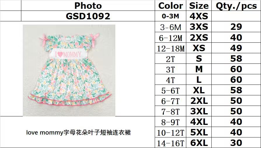 GSD1092 I love mommy letter flower leaves short-sleeved dress