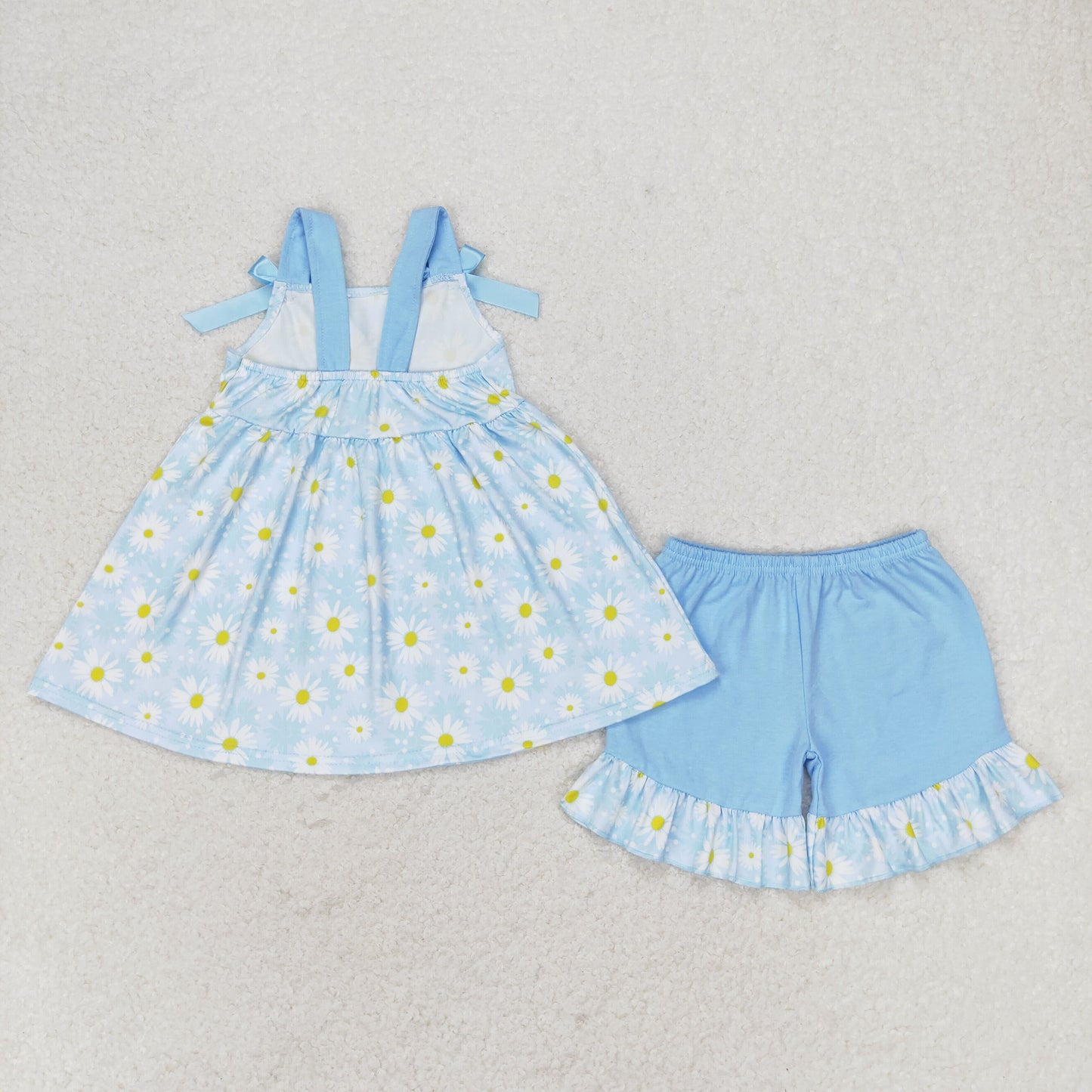 rts no moq GSSO0993 Daisy flower blue lace bow sleeveless shorts set