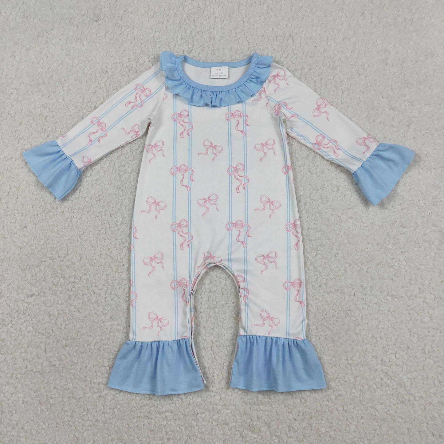 RTS NO MOQ（In Stock ) Pink Bow Pattern Blue Vertical Stripe White Long-Sleeve Jumpsuit
