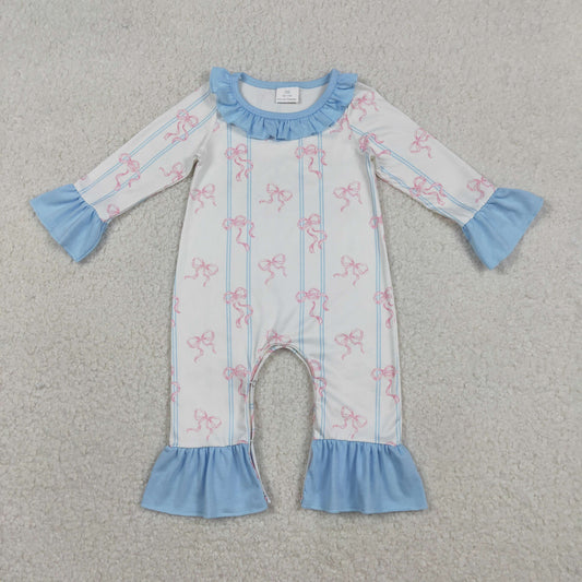 RTS NO MOQ（In Stock ) Pink Bow Pattern Blue Vertical Stripe White Long-Sleeve Jumpsuit