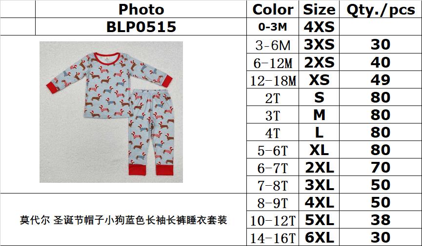 BAMBOO RTS NO MOQ ETA 5/7days arrived BLP0515 Modal Christmas hat puppy blue long-sleeved trousers pajamas set