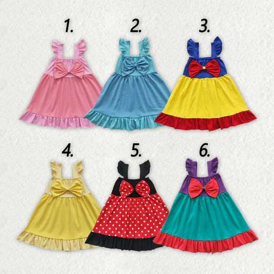 RTS NO MOQ Baby Girls Cartoon Sibling Bow Summer Knee Length Dresses