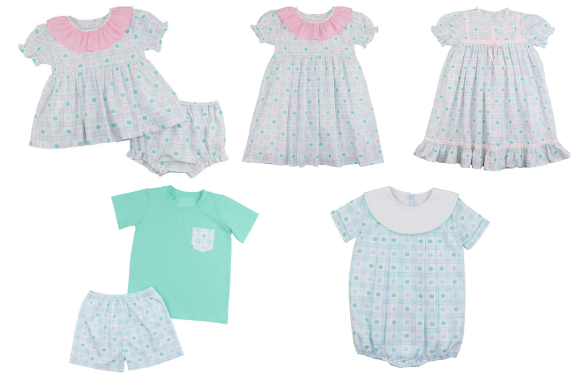 5.10custom each style moq 5eta 4-5week Sibling Sister Green pink polka dot print girls and boys outfits and dresses and baby rompers match family design