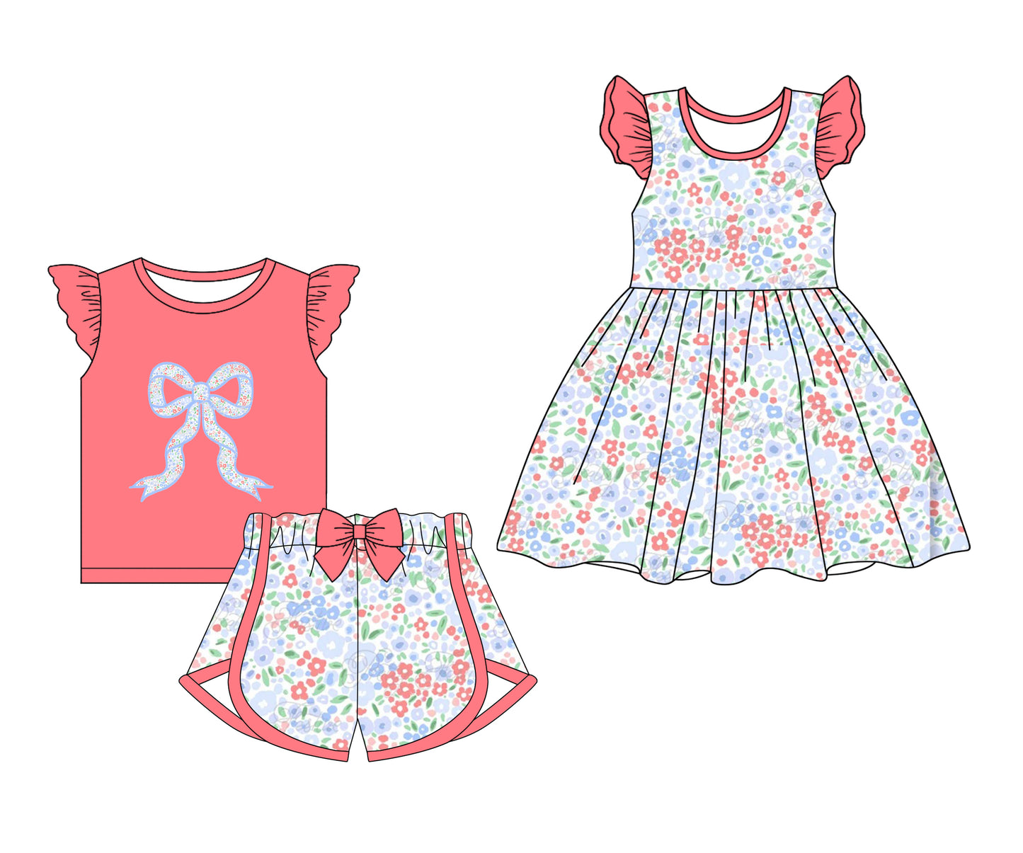 1.2 custom each style moq 5eta 4-6week Sibling Sister floral bow baby girl short sleeve shorts sets and dresses match design