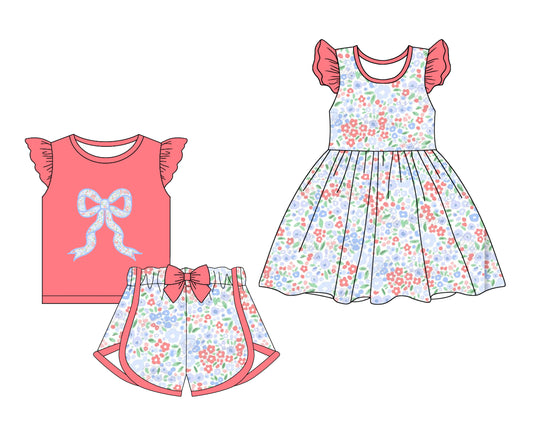 1.2 custom each style moq 5eta 4-6week Sibling Sister floral bow baby girl short sleeve shorts sets and dresses match design