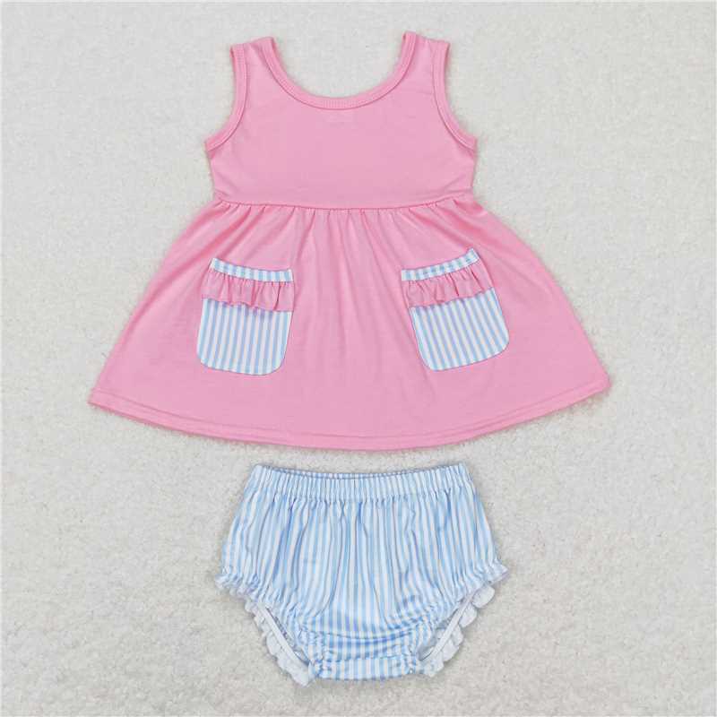 Baby girls Solid color with blue pocket dress and girls briefs set Sibling Sister Clothes Sets