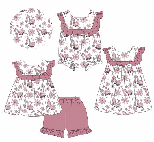 1.17 custom each style moq 5eta 4-6week Sibling Sisters floral baby girl short sleeve shorts sets and dress and rompers match family design