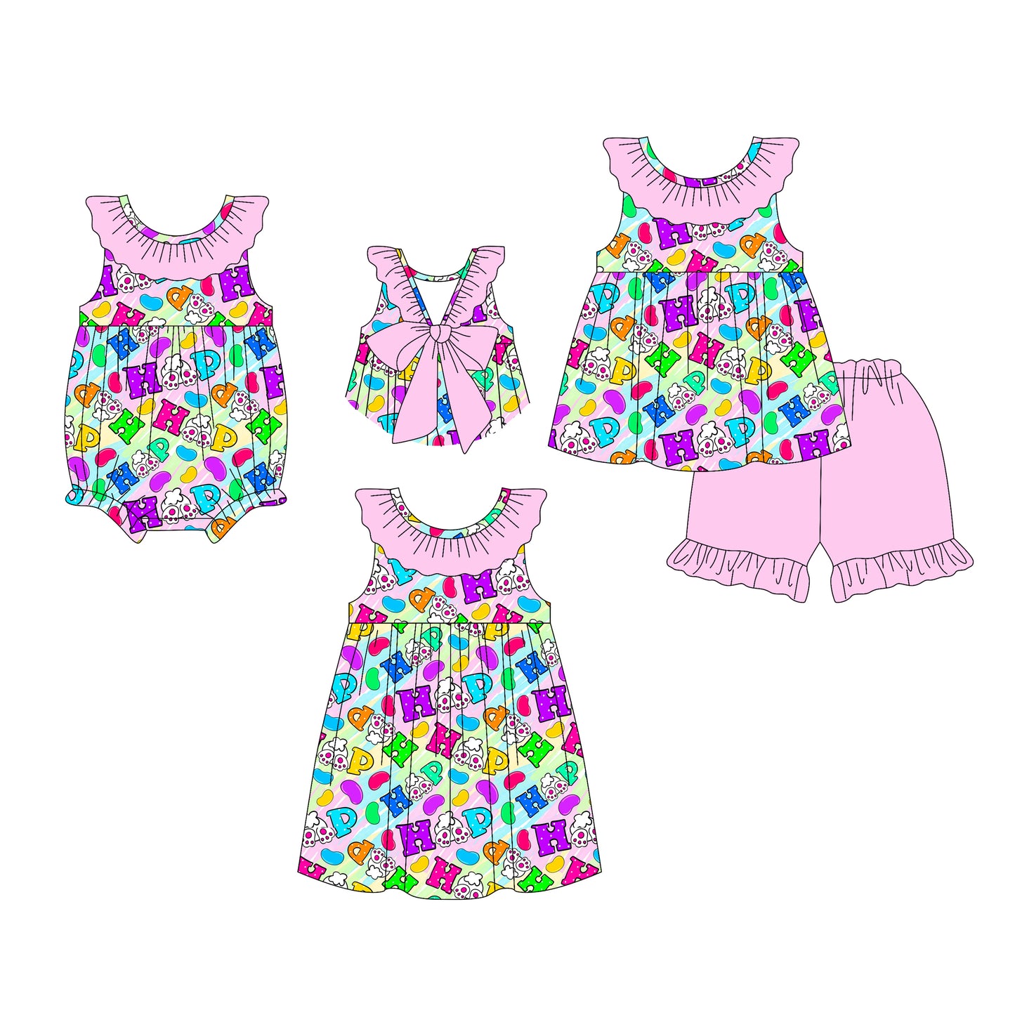 26.1.5 custom each style moq 5 eta 6-8week Sibling Sister easter HAPPY baby short sleeve shorts sets and romper and dress match design