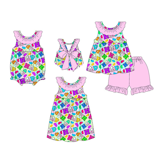 26.1.5 custom each style moq 5 eta 6-8week Sibling Sister easter HAPPY baby short sleeve shorts sets and romper and dress match design