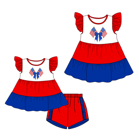 26.1.1 custom each style moq 5 eta 6-8week Sibling Sister flag bow baby short sleeve shorts sets and dress match design