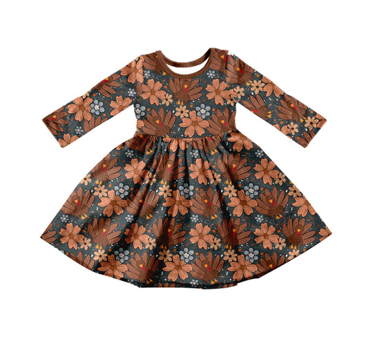 5.14custom each style moq 5eta 4-5week Sibling Sister Smiley brown turkey print blue girls outfits and dress match family design