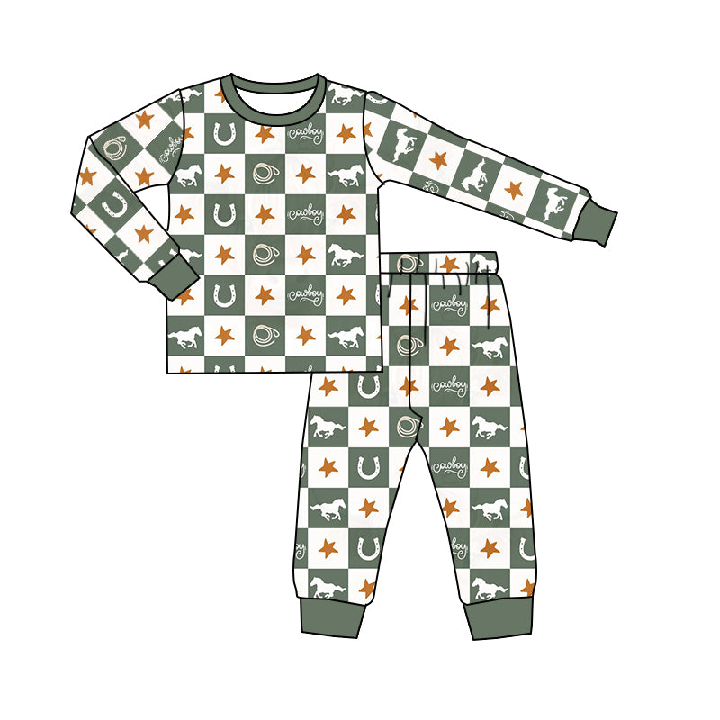 5.12custom each style moq 5eta 4-5week Sibling Sister Horseshoe racing star print green and white plaid print boys set and baby romper match family design