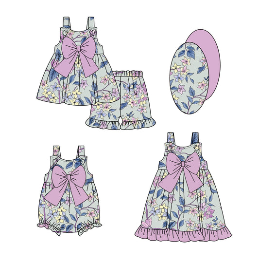 1.24 custom each style moq 5eta 4-6week Sibling Sisters floral baby girl short sleeve shorts sets and dress and rompers match family design