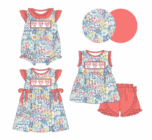 1.18 custom each style moq 5eta 4-6week Sibling Sisters mickey head baby girl short sleeve shorts sets and dress and rompers match family design