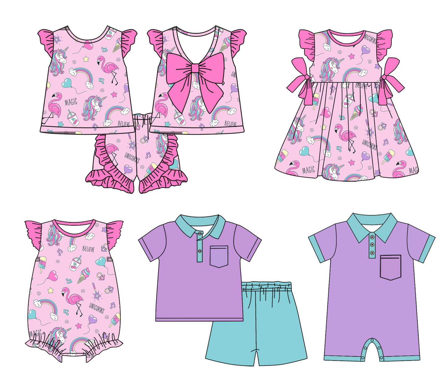 1.23 custom each style moq 5eta 4-6week Sibling Sister baby girl short sleeve shorts sets and sets 2 and boy romper and girl romper and dress match design