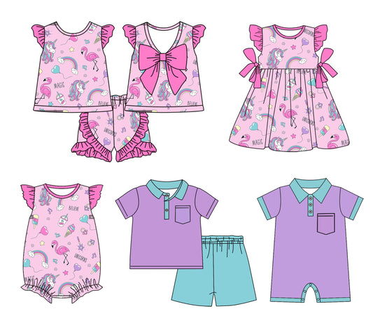 1.23 custom each style moq 5eta 4-6week Sibling Sister baby girl short sleeve shorts sets and sets 2 and boy romper and girl romper and dress match design