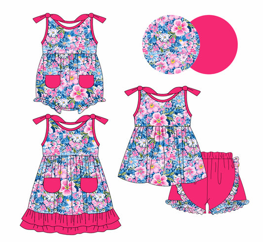 1.7 custom each style moq 5eta 4-6week Sibling Sister floral baby girl short sleeve shorts sets and dress and rompers match family design