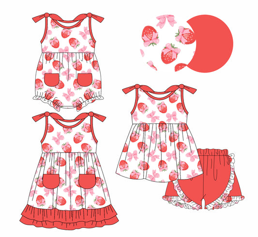 1.6 custom each style moq 5eta 4-6week Sibling Sistes strawberry bow baby girl short sleeve shorts sets and dress and rompers match family design