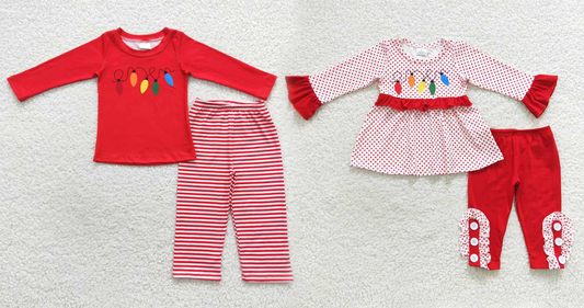 Baby Girls boys Christmas inspired holiday light print red and red polka dot pajama set Family siblings set