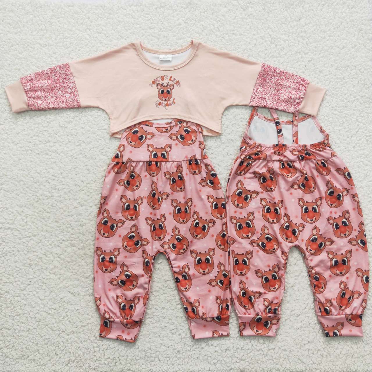 GLP0688 reindeer deer champagne long sleeve pink pantsuit overalls set