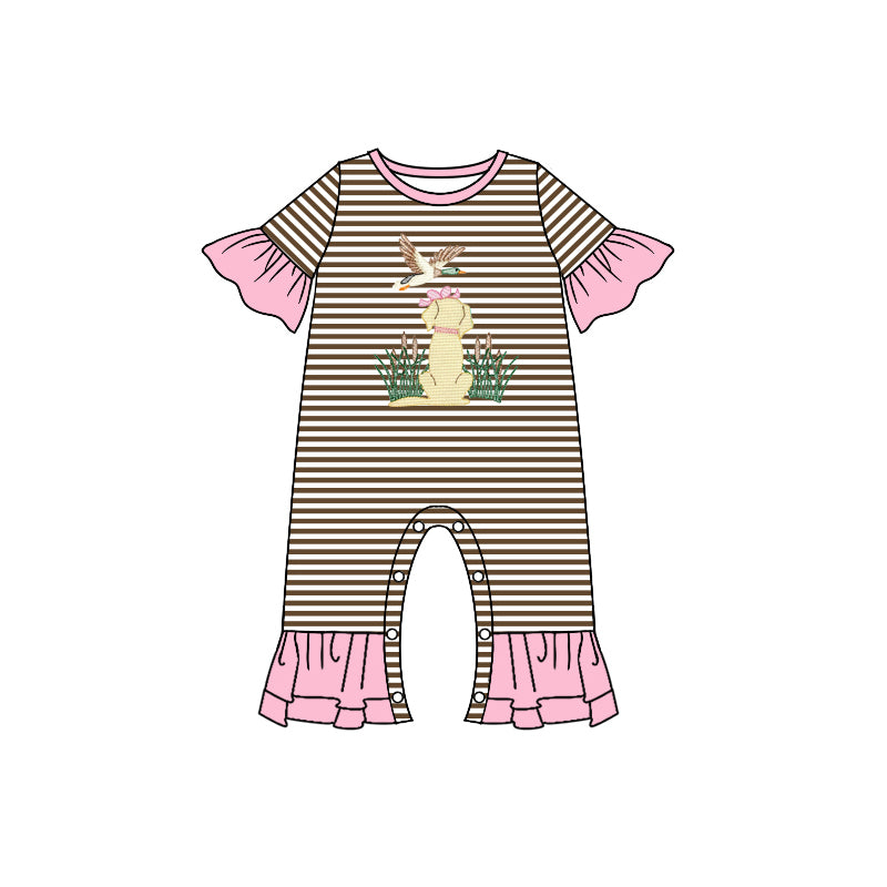 5.1(1)custom each style moq 5eta 4-5week dog and duck prints Brown-white stripes pink girls outfits set and baby romper