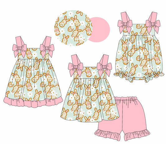 1.23 custom each style moq 5eta 4-6week Sibling Sisters easter baby girl short sleeve shorts sets and dress and rompers match family design