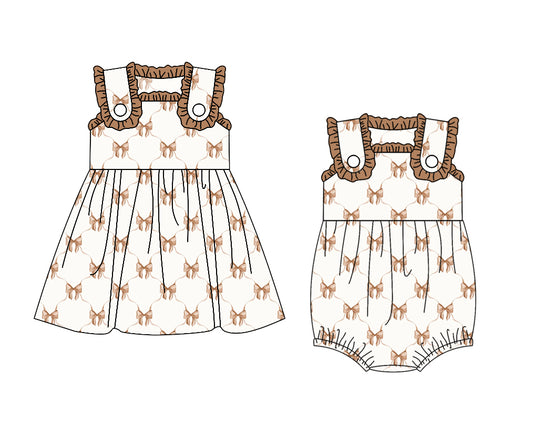 1.21 custom each style moq 5eta 4-6week Sibling Sister bow baby girl short sleeve dress and romper match family design