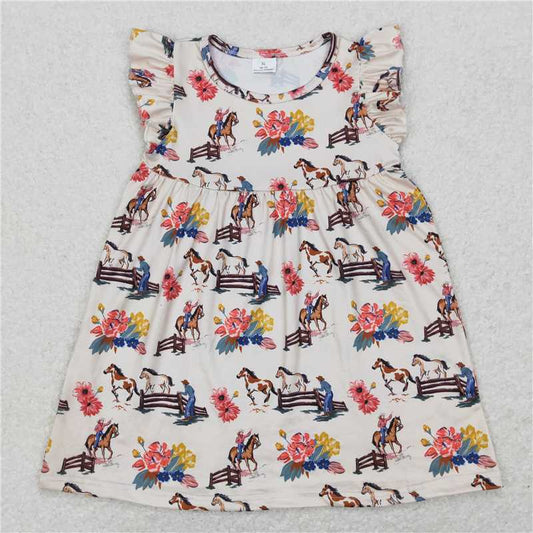 RTS SALES NO MOQ G6-13-7\ Colorful floral horse beige flying sleeve skirt 彩色花马儿米白色飞袖裙