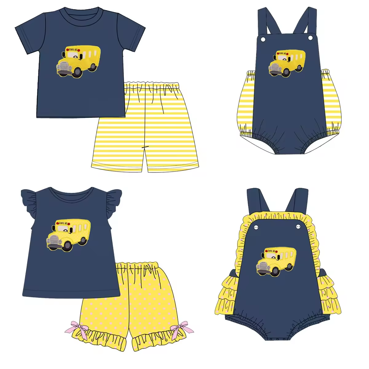 5.15custom each style moq 5eta 4-5week Sibling Sister Campus style school bus print blue with yellow stripes or yellow polka dots girls and boys outfits and baby romper and dress match family design