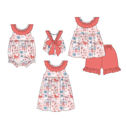 26.1.2 custom each style moq 5 eta 6-8week Sibling Sister bow flag baby short sleeve shorts sets and romper and dress match design