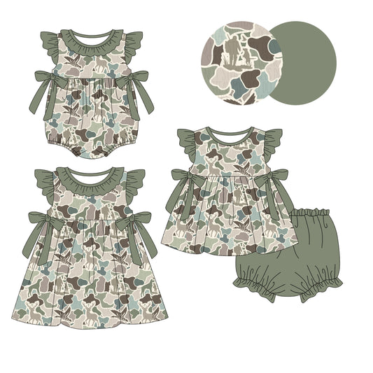 1.8 custom each style moq 5eta 4-6week Sibling Sister camouflage baby girl short sleeve shorts briefs sets and dress and rompers match family design