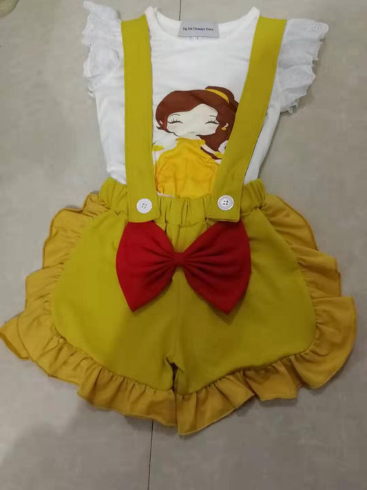 Yellow Color Red Bow Princess Girls Overalls Button Bow Set