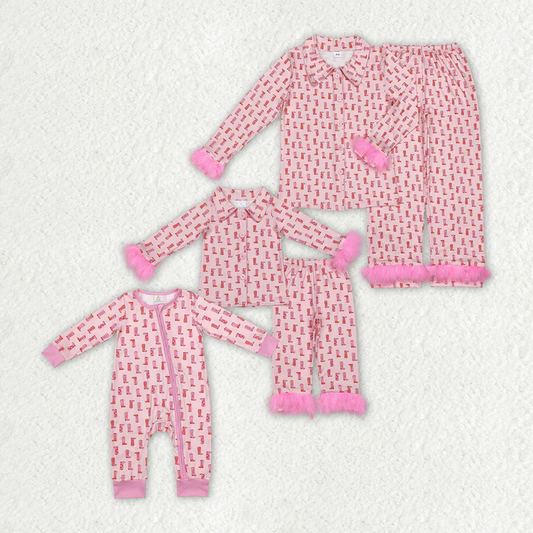 RTS NO MOQ Family Mommy and Me Baby Girls Western Pink Boots Fur Pajamas Rompers