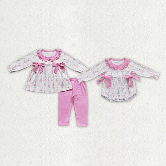 RTS NO MOQ Dancing Girl Print Pink Bow-Pleated Baby Collar Long Sleeve Suit & Long Sleeve Short Climbing Suit