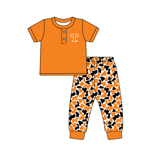 Custom moq 5 mix size milk silk summer teams baby boys clothes camouflage orange short sleeve pants sets-25.11.25