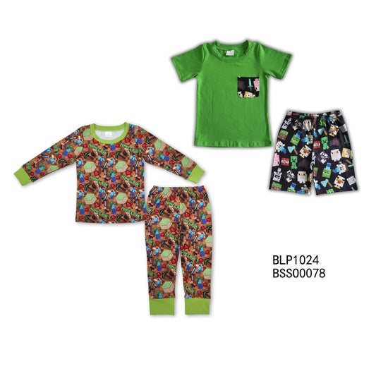 RTS NO MOQ BLP1024+BSSO0078 Baby boy game green top pants pajamas set and short-sleeved shorts set