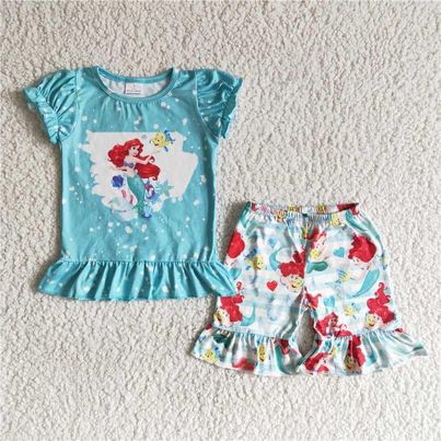 B17-25 Mermaid Green Short Sleeve Striped Shorts Set