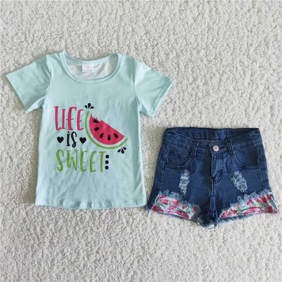 B3-21 Girls short sleeve with short jeans pants watermelon print