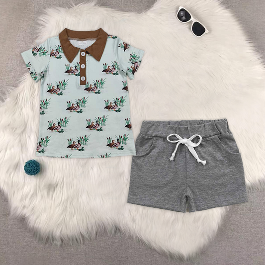 RTS NO MOQ BT1174+SS0133 duck button short sleeve top Light grey pocket shorts sets