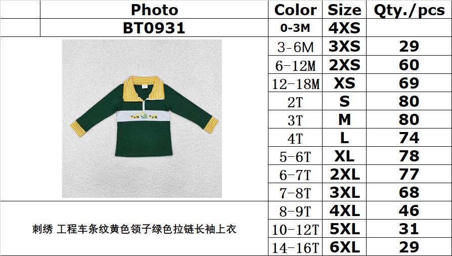 RTS NO MOQ ETA 5/7days Arrived BT0931 Embroidery Engineering Vehicle Stripe Yellow Collar Green Zipper Long Sleeve Top