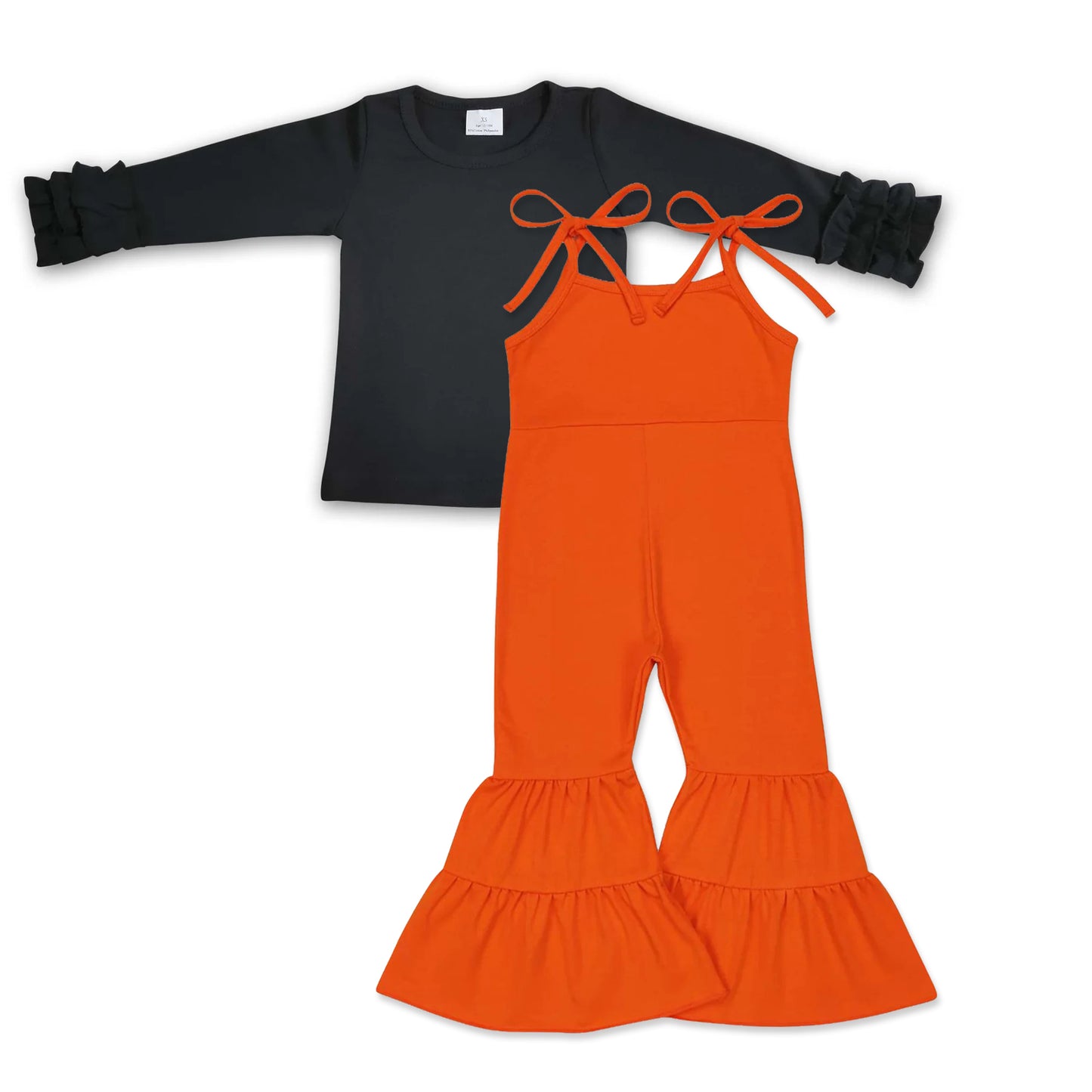 SR0451 Orange suspender jumpsuit with black top